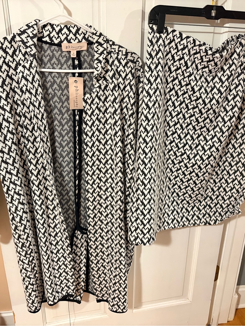 Philosophy Black and White Houndstooth Open-Front Jacket and Skirt Set